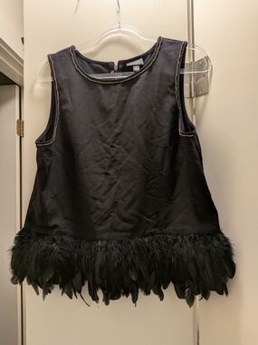 NWT Nicole Miller Black Beaded Feather Trim Sleeveless Top Large